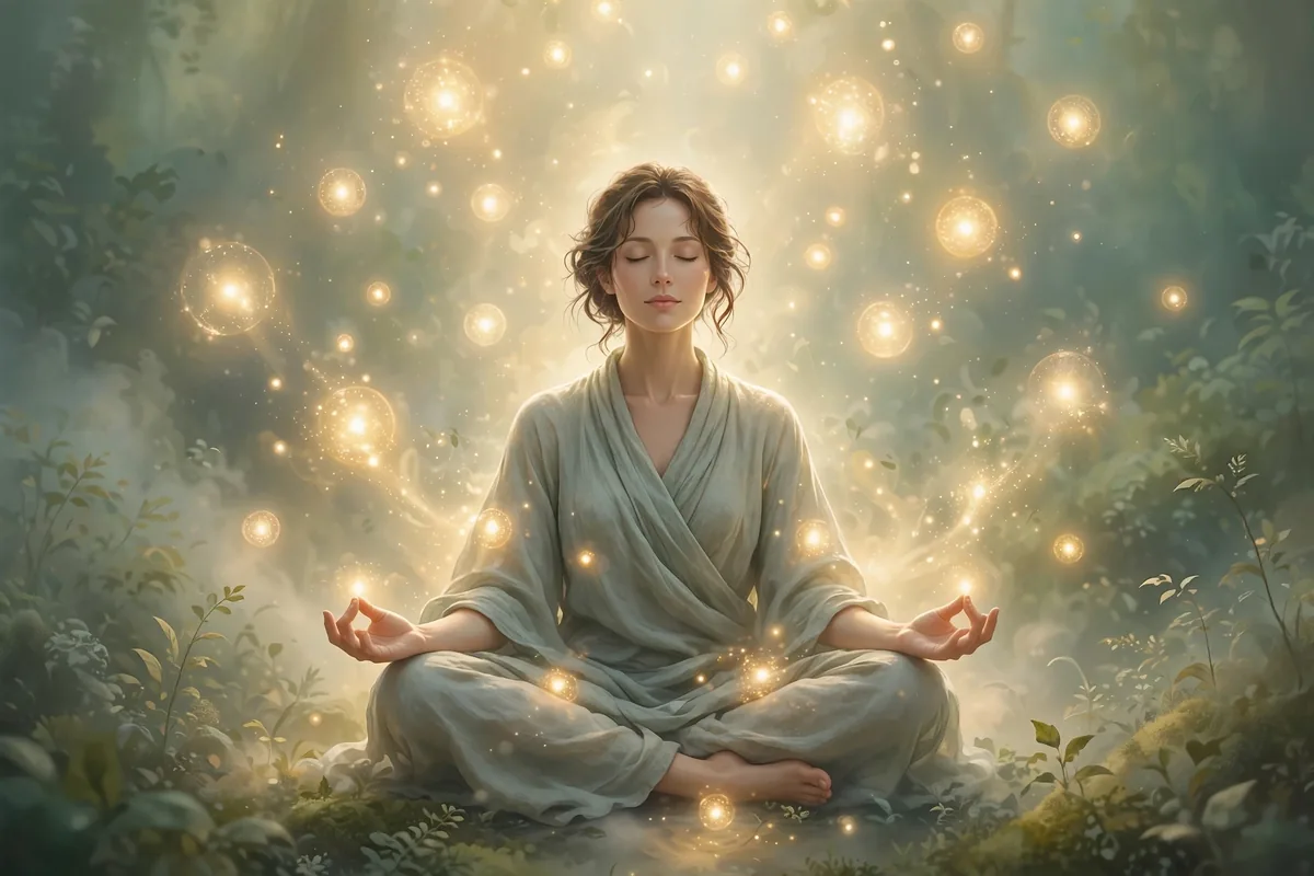 3333 angel number meaning spiritual - person meditating with soft divine light