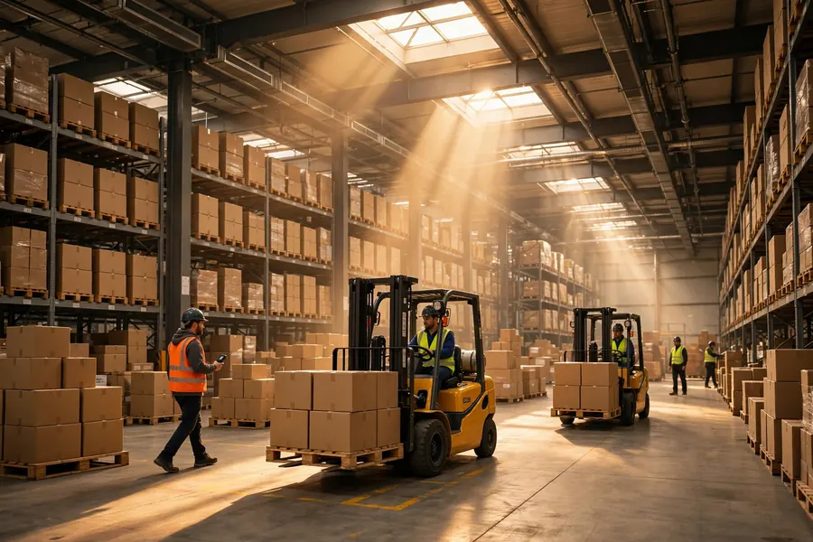 3PL meaning - third-party logistics warehouse with forklifts managing e-commerce distribution
