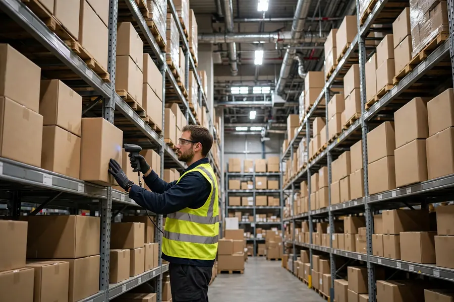 3PL logistics provider - worker scanning boxes on warehouse shelves