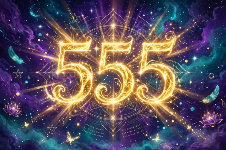 555 meaning - golden glowing angel number 555 in a cosmic purple and teal sky