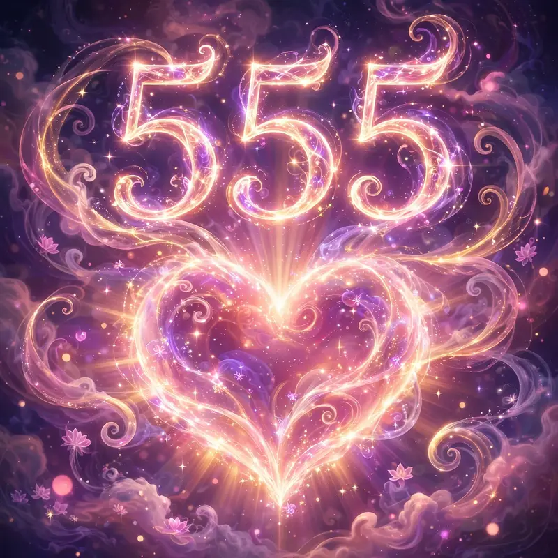 555 meaning in love - glowing number 555 above a radiant heart of pink and gold light
