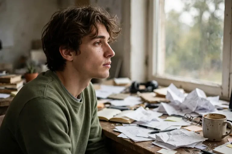 ADD meaning - person distracted at desk with scattered thoughts
