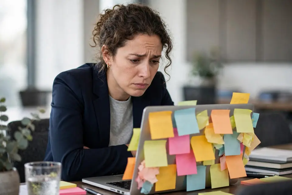 ADD meaning symptoms - adult struggling to focus during work meeting