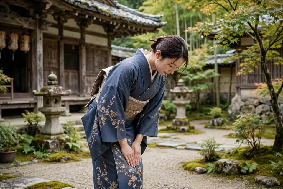 Arigato meaning bowing - person bowing respectfully in Japan