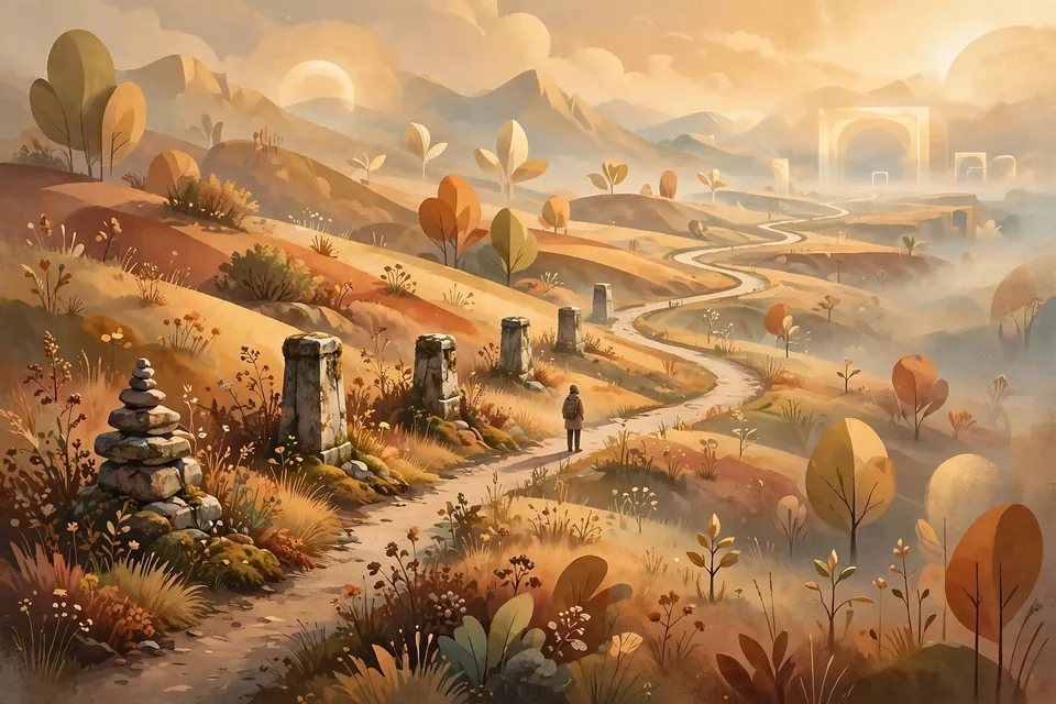 Illustration of emotional growth stages stalled halfway on a winding path