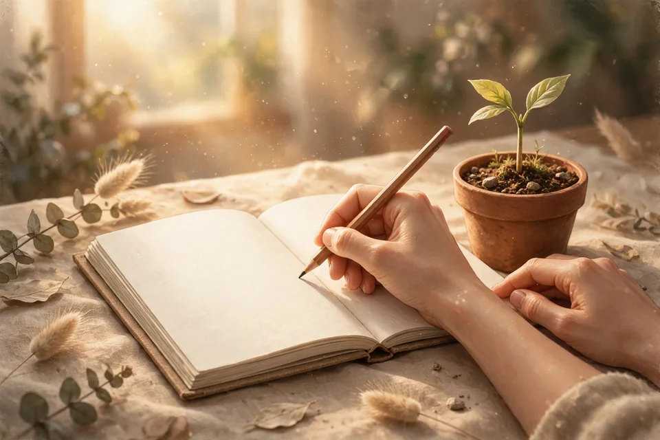 Adult journaling at a desk as a symbol of restarting emotional growth