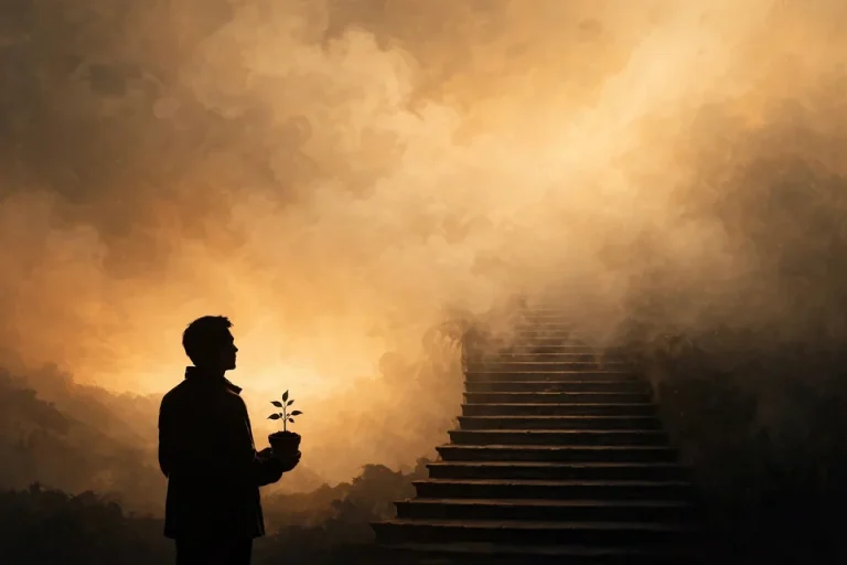 Arrested development meaning - adult silhouette holding a seedling that never grew, at a stalled staircase