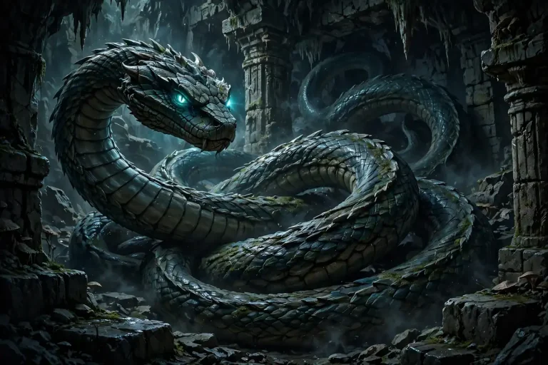 Basilisk meaning - giant mythical serpent in a dark chamber