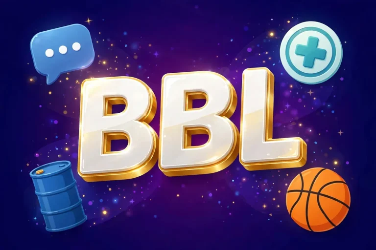BBL meaning - bold 3D letters BBL surrounded by icons for texting, cosmetic surgery, oil barrel and basketball