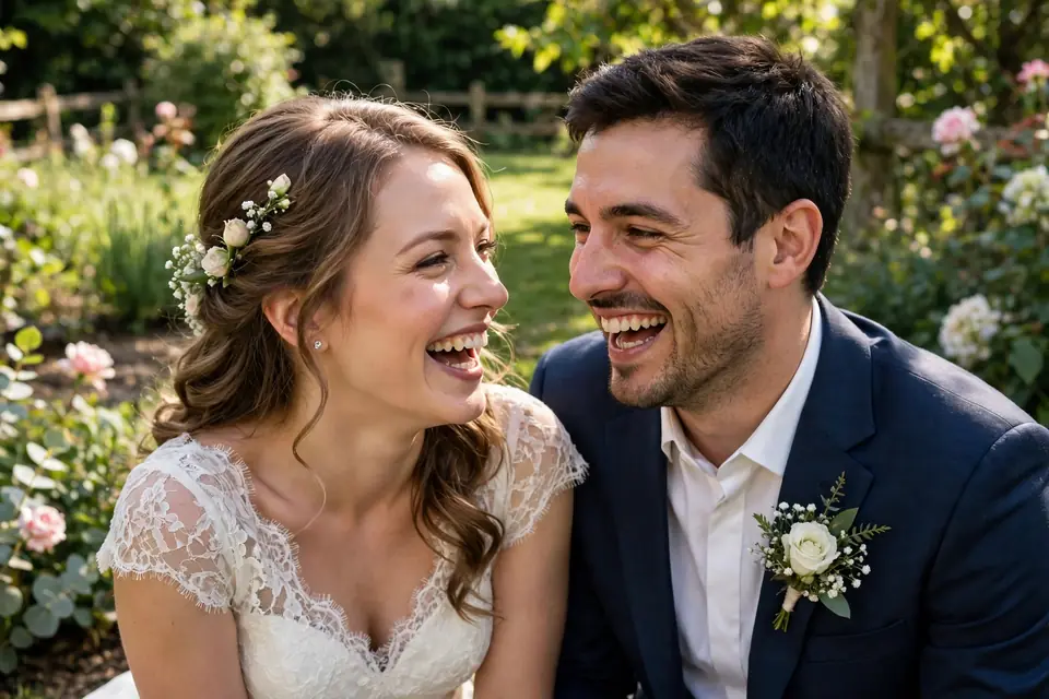 Bliss meaning couple - happy newlywed couple laughing in marital bliss