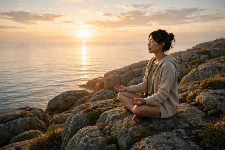 Bliss meaning - serene person meditating at sunrise in peaceful bliss