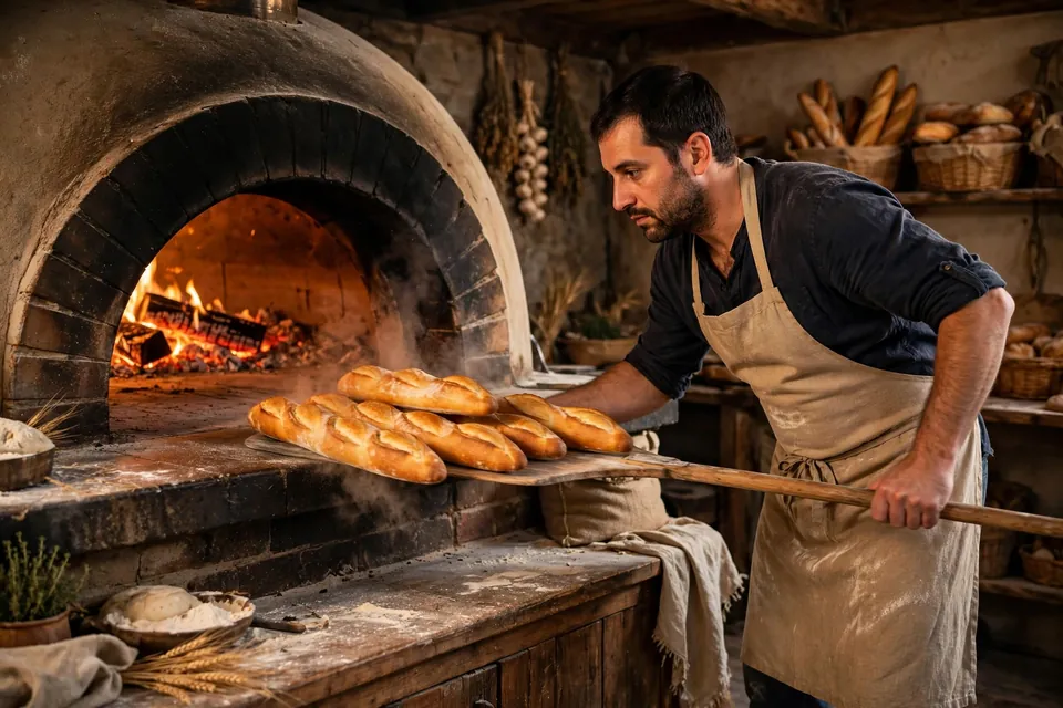 Boulangerie meaning - baker sliding fresh baguettes from a wood oven