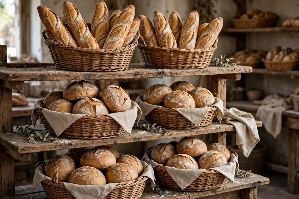 Boulangerie meaning - baskets of baguettes and rustic loaves on wooden shelves