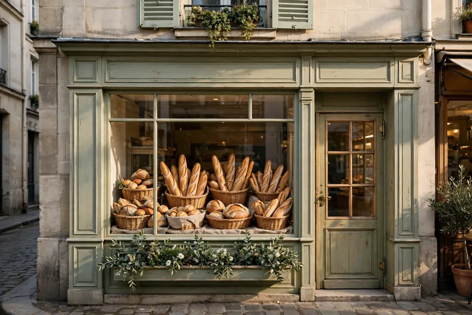 Boulangerie meaning - a French bakery shopfront with fresh bread in the window