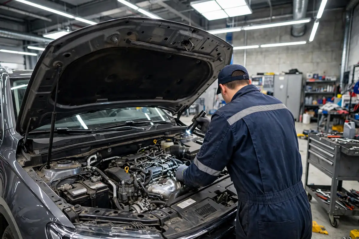 Branded title meaning inspection - mechanic inspecting car