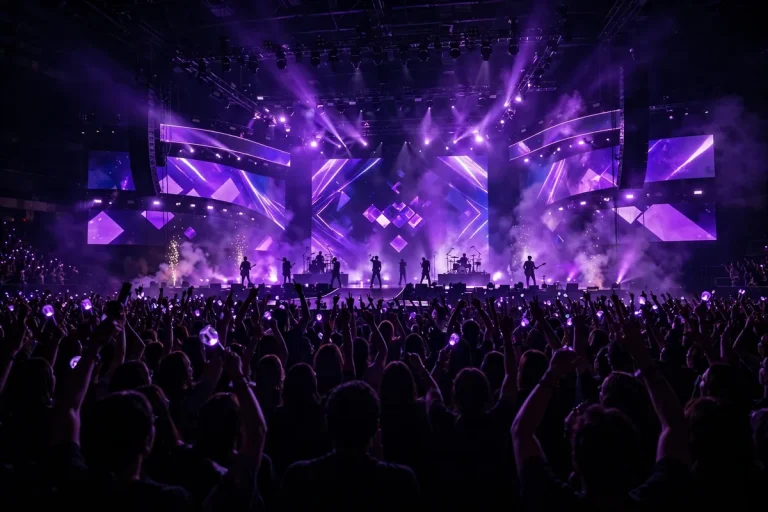 BTS meaning - concert stage with purple lights and crowd