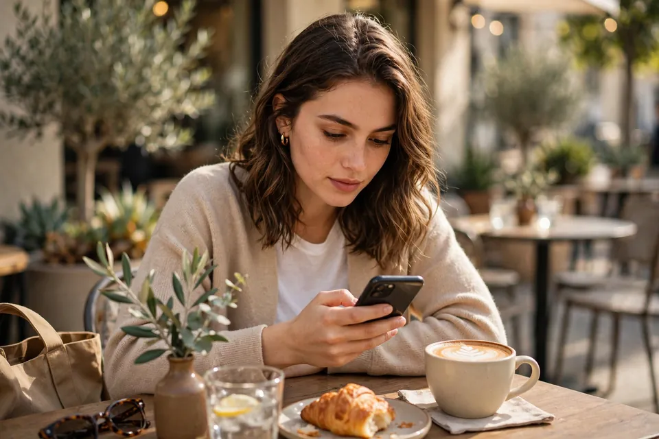 Young woman texting btw on her phone at a cafe