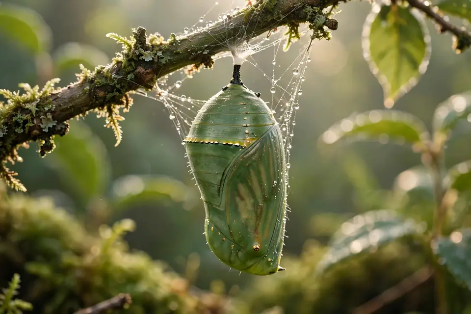 Butterfly meaning metamorphosis - chrysalis hanging from branch