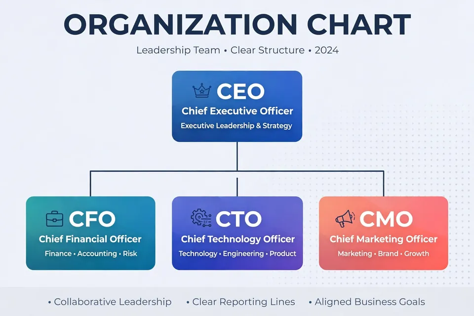 Organization chart showing C-suite roles CEO CFO CTO and CMO