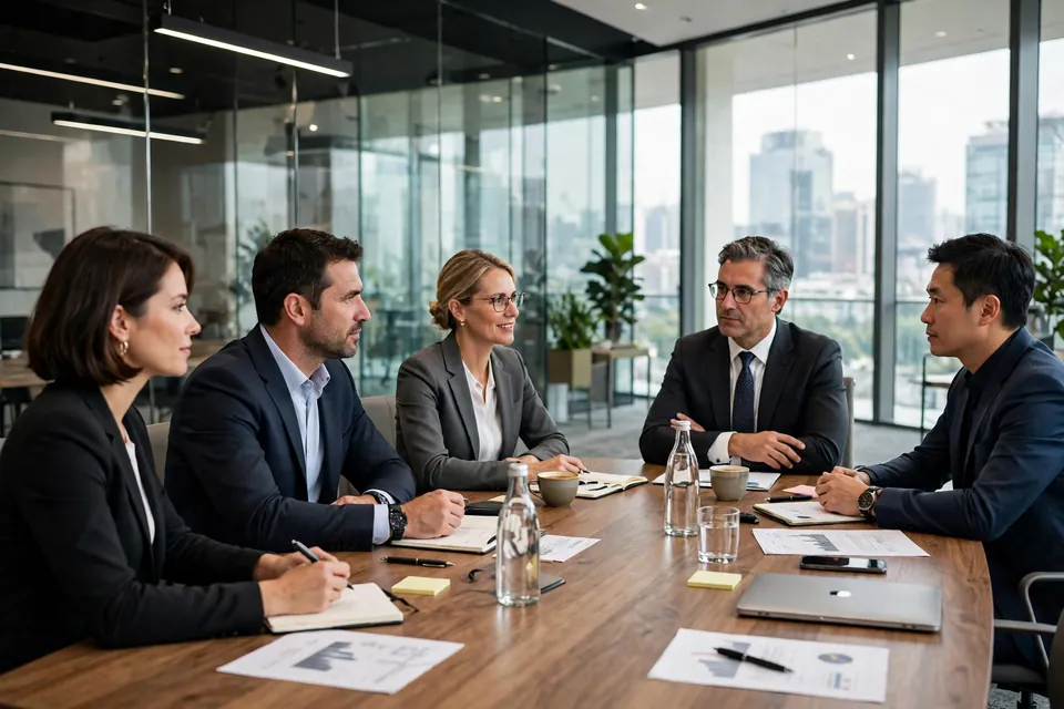 C-suite meaning - corporate executives meeting around a boardroom table