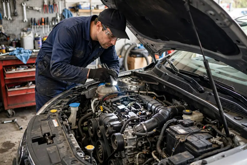 Check engine light causes - car engine bay with warning indicator