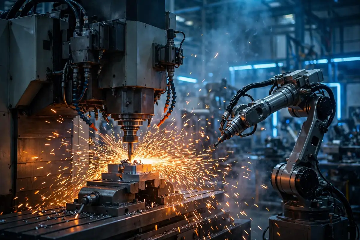 CNC meaning - computer numerical control milling machine cutting metal with sparks in a modern factory