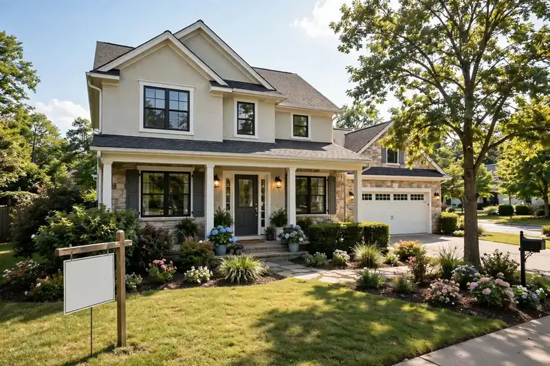 Contingent meaning on a house - suburban home with real estate for sale sign