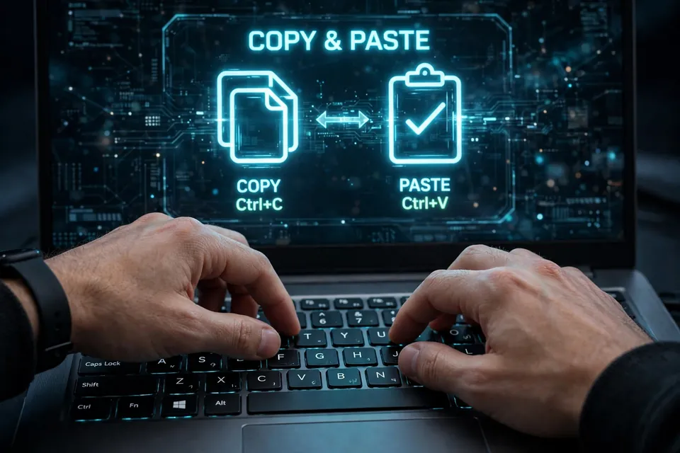 Hands on a keyboard copying and pasting text on screen