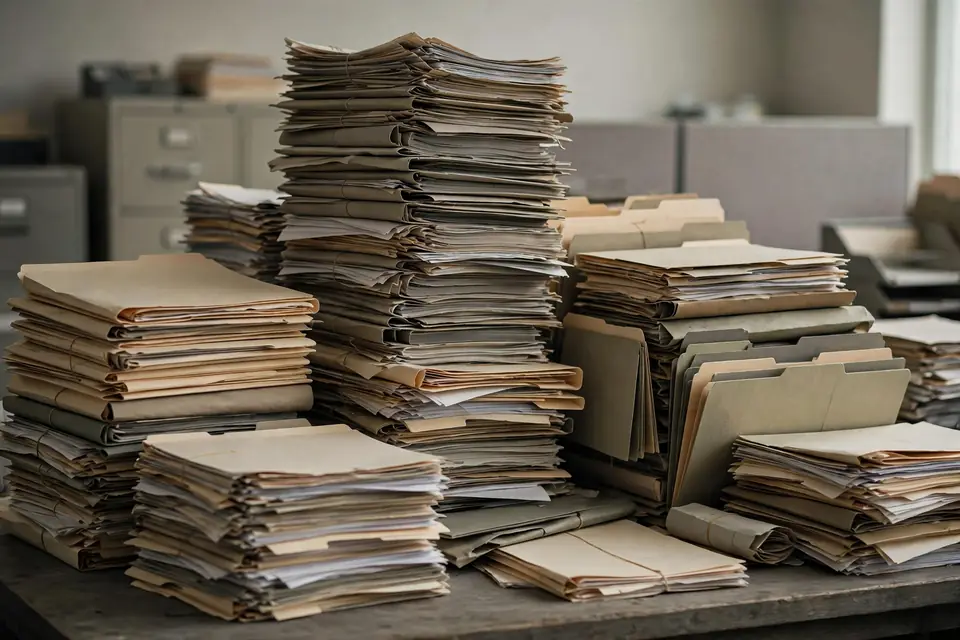 Cumbersome meaning bureaucracy - tall stacks of paperwork in office