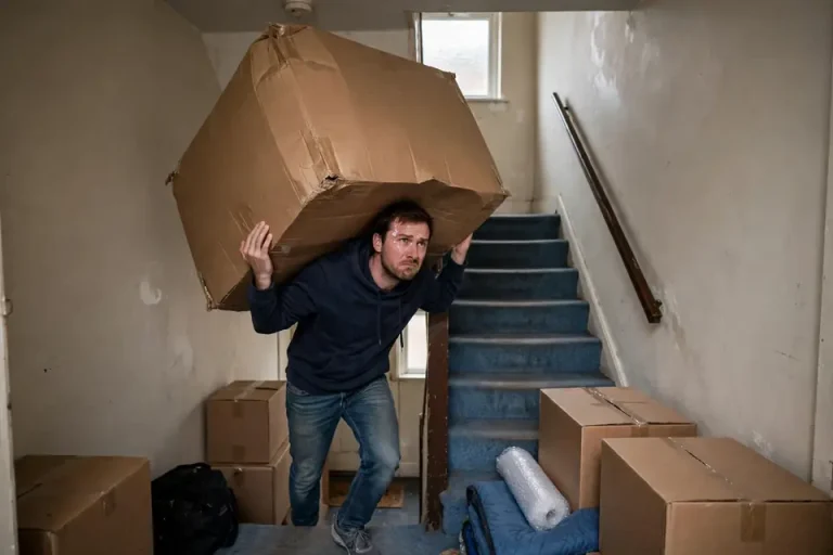 Cumbersome meaning - person struggling to carry large heavy box