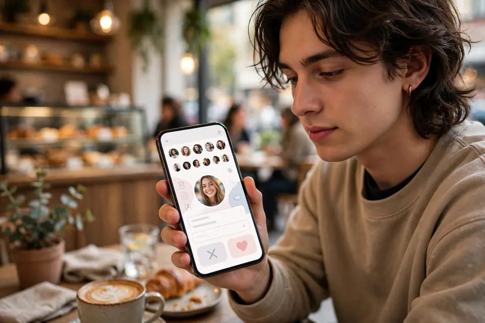 DDF meaning - person using dating app on smartphone