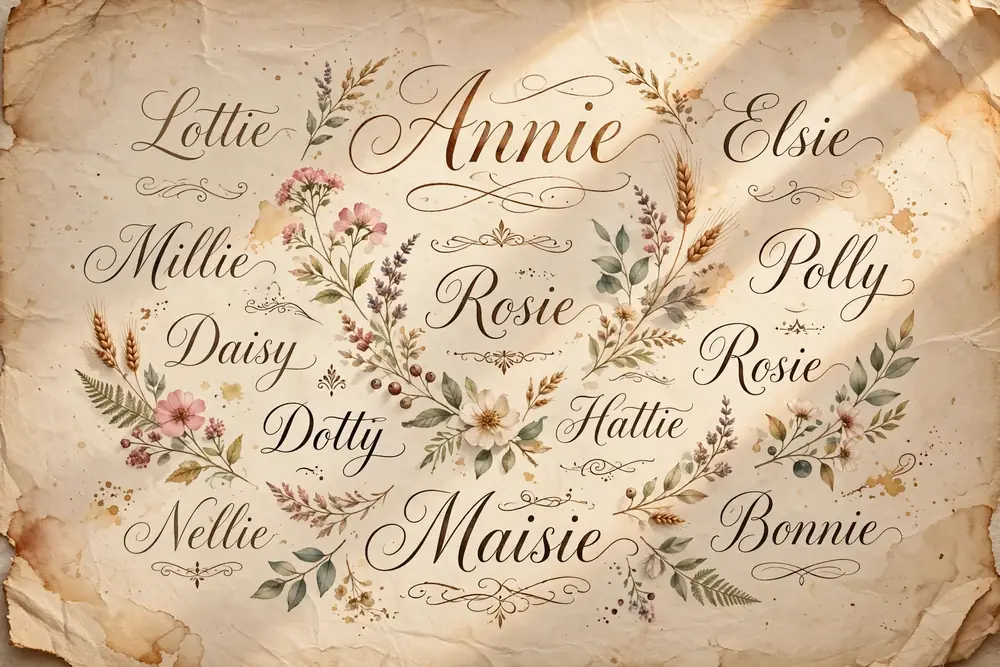 Deenie meaning similar names - elegant typography illustration showing vintage nickname names for girls