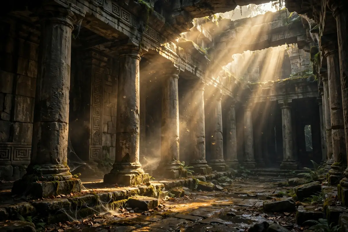 Deity meaning - ancient temple with divine light rays representing gods and goddesses