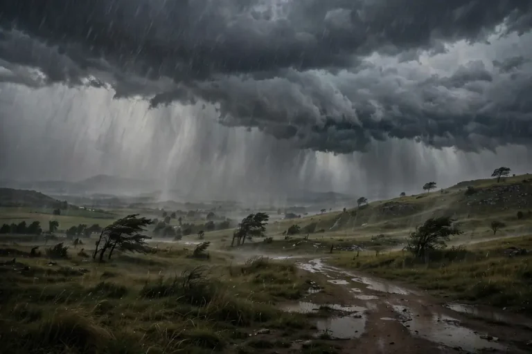 Deluge meaning - dramatic heavy rainstorm with dark clouds