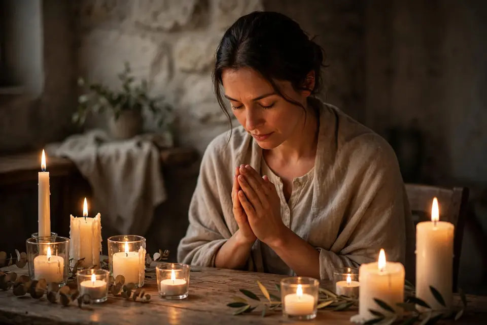 Devotion meaning - person in prayer with candles, religious devotion