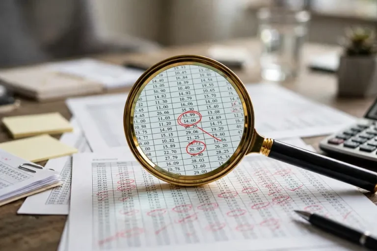 Discrepancy meaning - magnifying glass examining financial documents