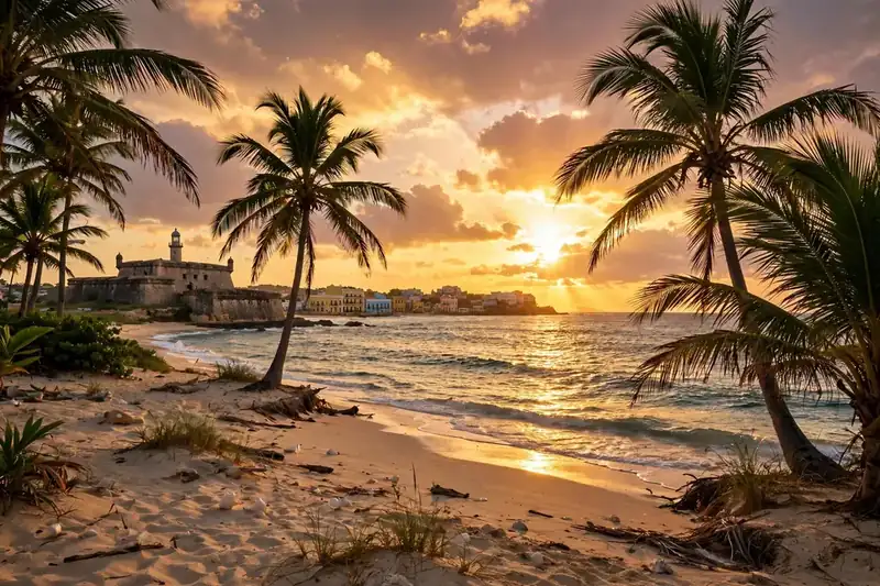 DTMF meaning Puerto Rico - sunset over tropical beach