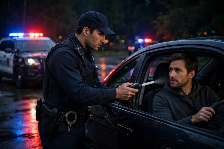 DWI meaning - police breathalyzer test at night traffic stop