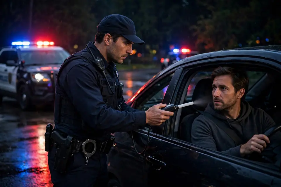 DWI meaning - police breathalyzer test at night traffic stop