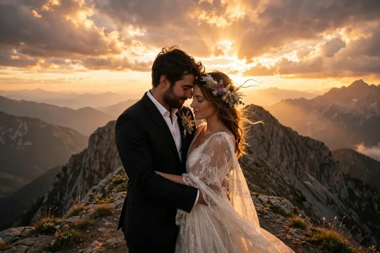 Elope meaning - romantic couple eloping with intimate wedding ceremony at sunset