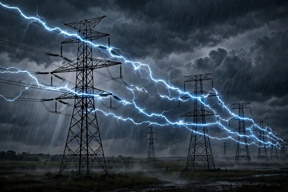 High-voltage power lines with an energy surge in a stormy sky