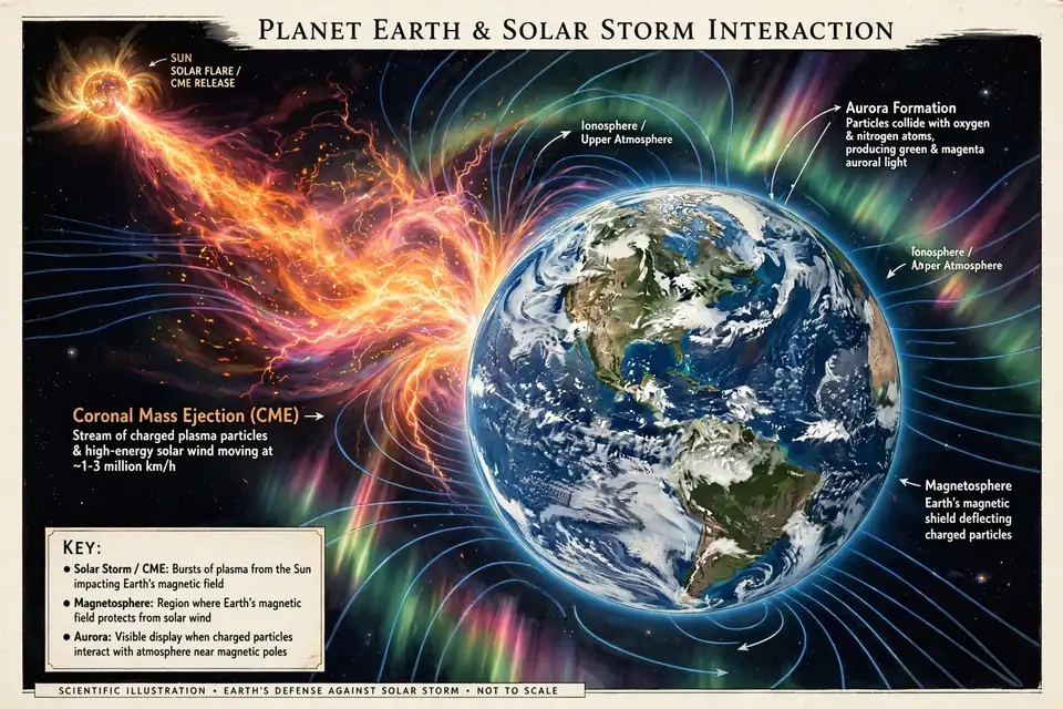 Satellite view of Earth with a solar storm approaching the atmosphere