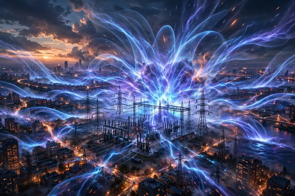 EMP meaning - electromagnetic pulse wave bursting over a city power grid