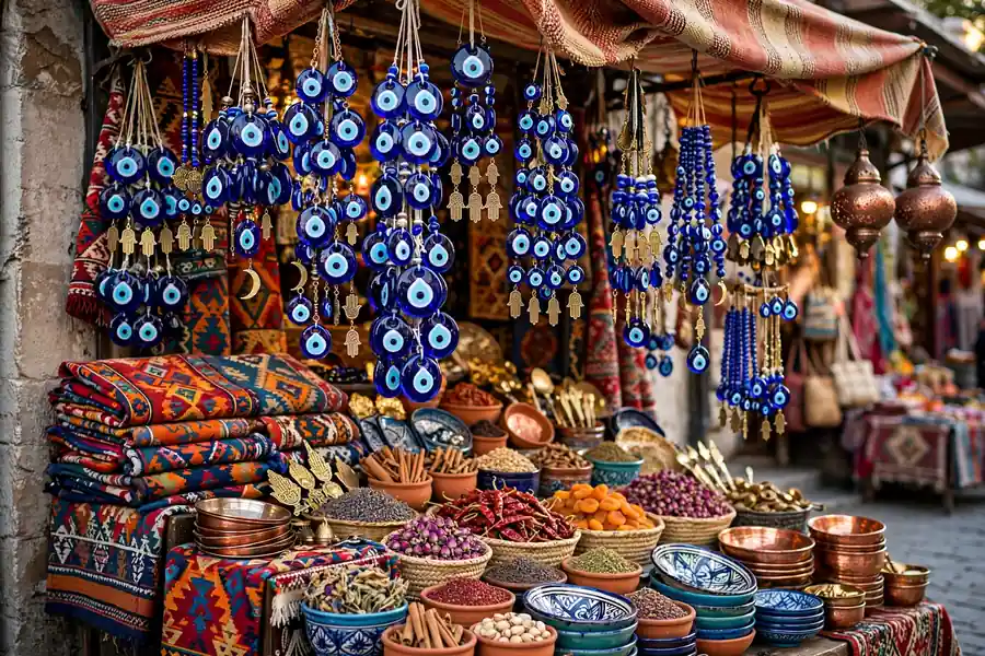 Evil eye meaning culture - nazar amulets hanging in Turkish bazaar