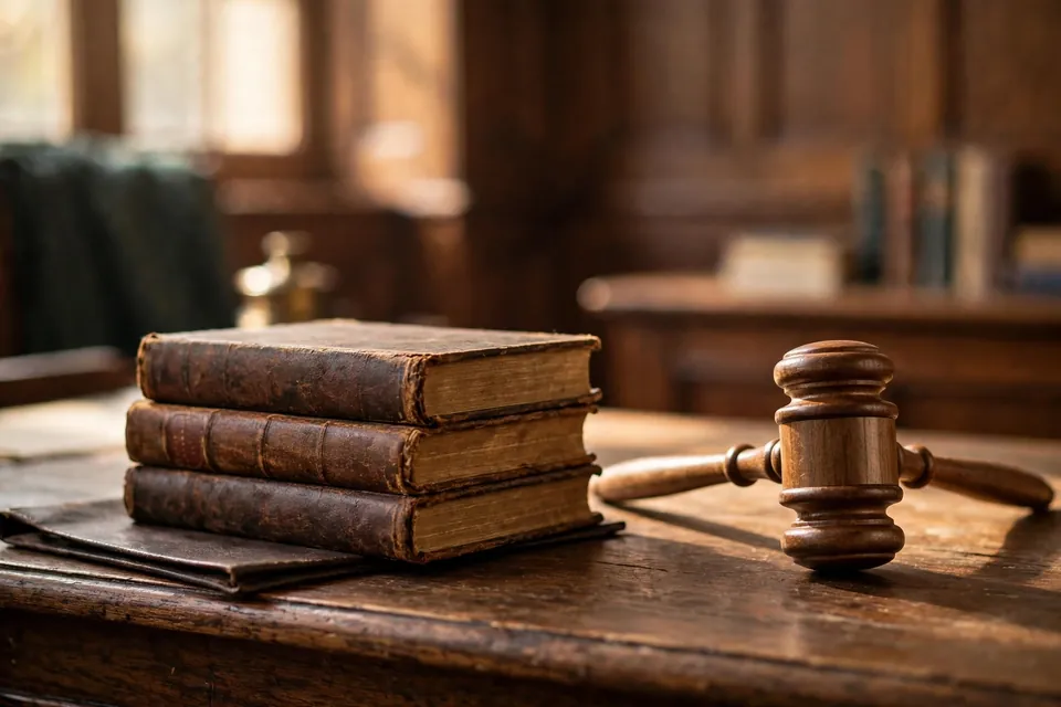 Felony meaning - judge's gavel and law books on a courtroom desk