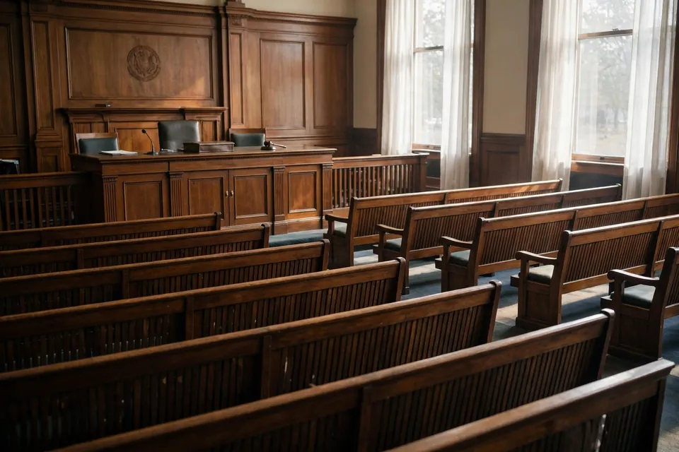 Felony meaning - empty courtroom benches and a judge's bench in soft window light