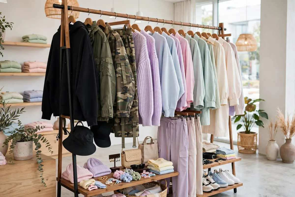 Femboy meaning aesthetic - diverse fashion styles on clothing rack