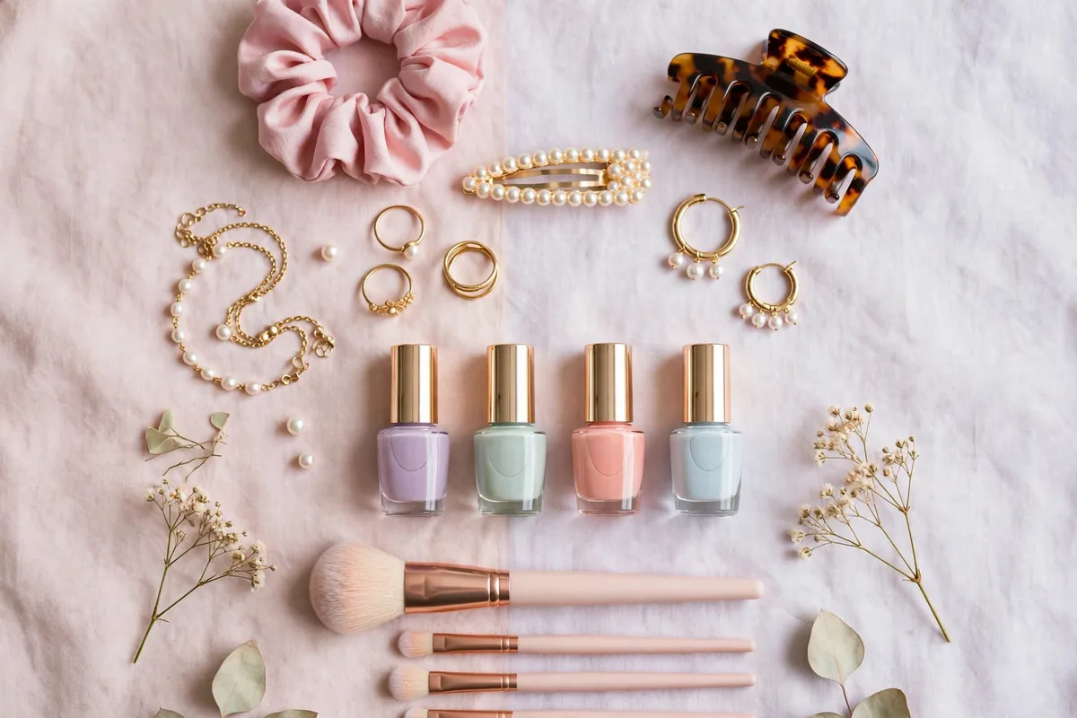 Femboy meaning style - makeup and accessories flat lay