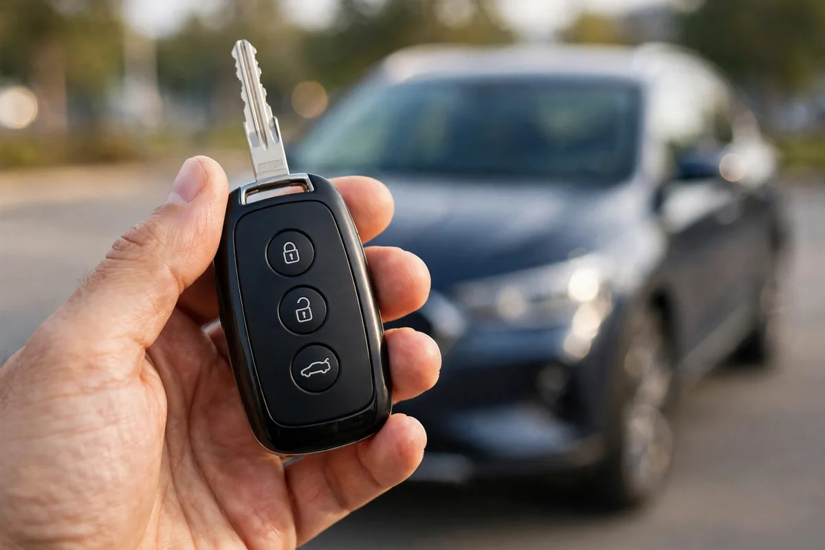 FOB meaning key fob - hand holding car key remote fob