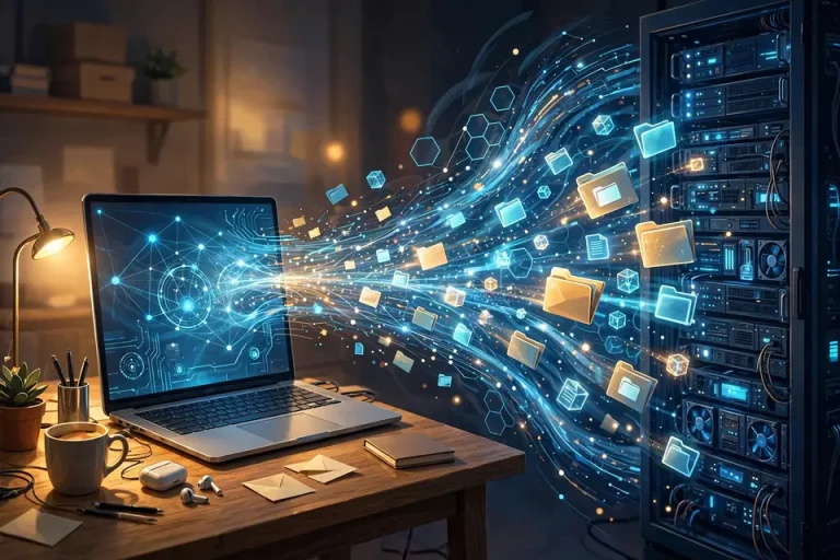 FTP meaning - laptop showing files transferring between a client computer and a server over a network